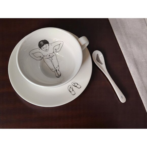 Pols Potten Teacup Saucer Spoon Set, Naughty Undressed Bathing Woman Porcelain - Picture 1 of 3